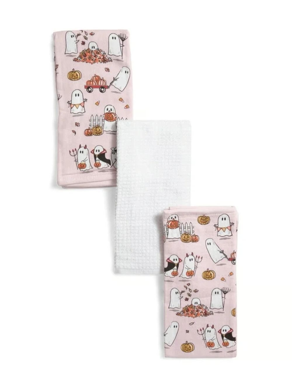 ISAAC MIZRAHI PINK HALLOWEEN GHOST PALS ALLOVER KITCHEN TOWELS SET OF 3 BLUSH NE